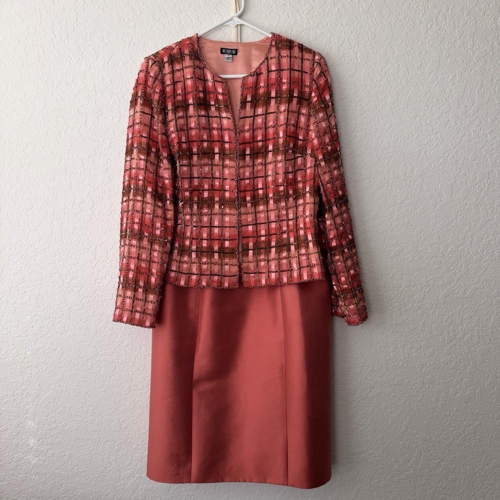 VTG‎ Melinda Eng Couture Church Suit Size 8 Coral Pink 100% Silk Beaded Easter